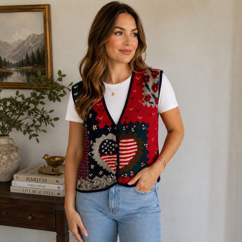 Vintage SKYR Handknit Wool Sweater Vest Patriotic Heart Folk Art USA Women's M